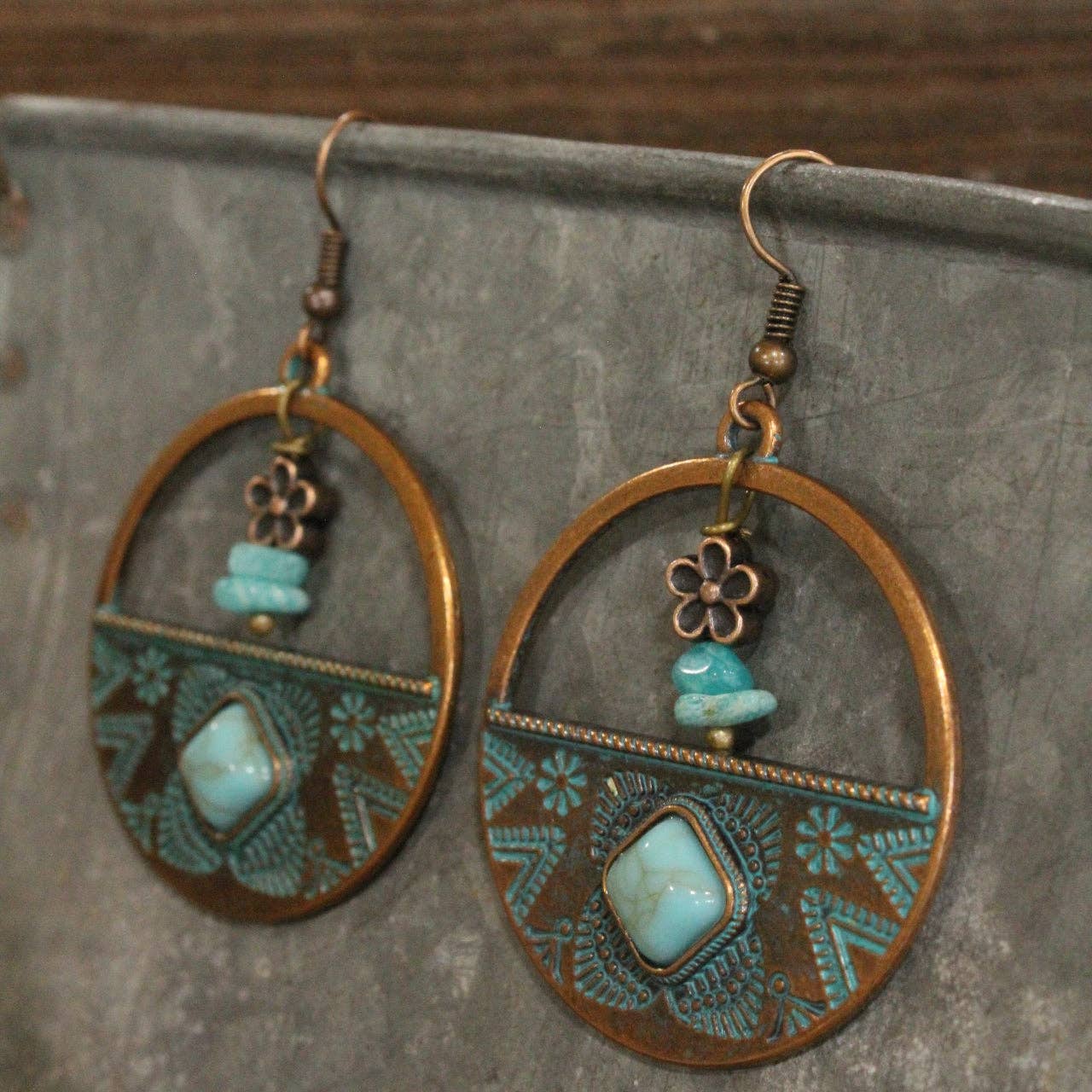 Verdigris Gypsy Turquoise Nugget Copper Hoop Earrings