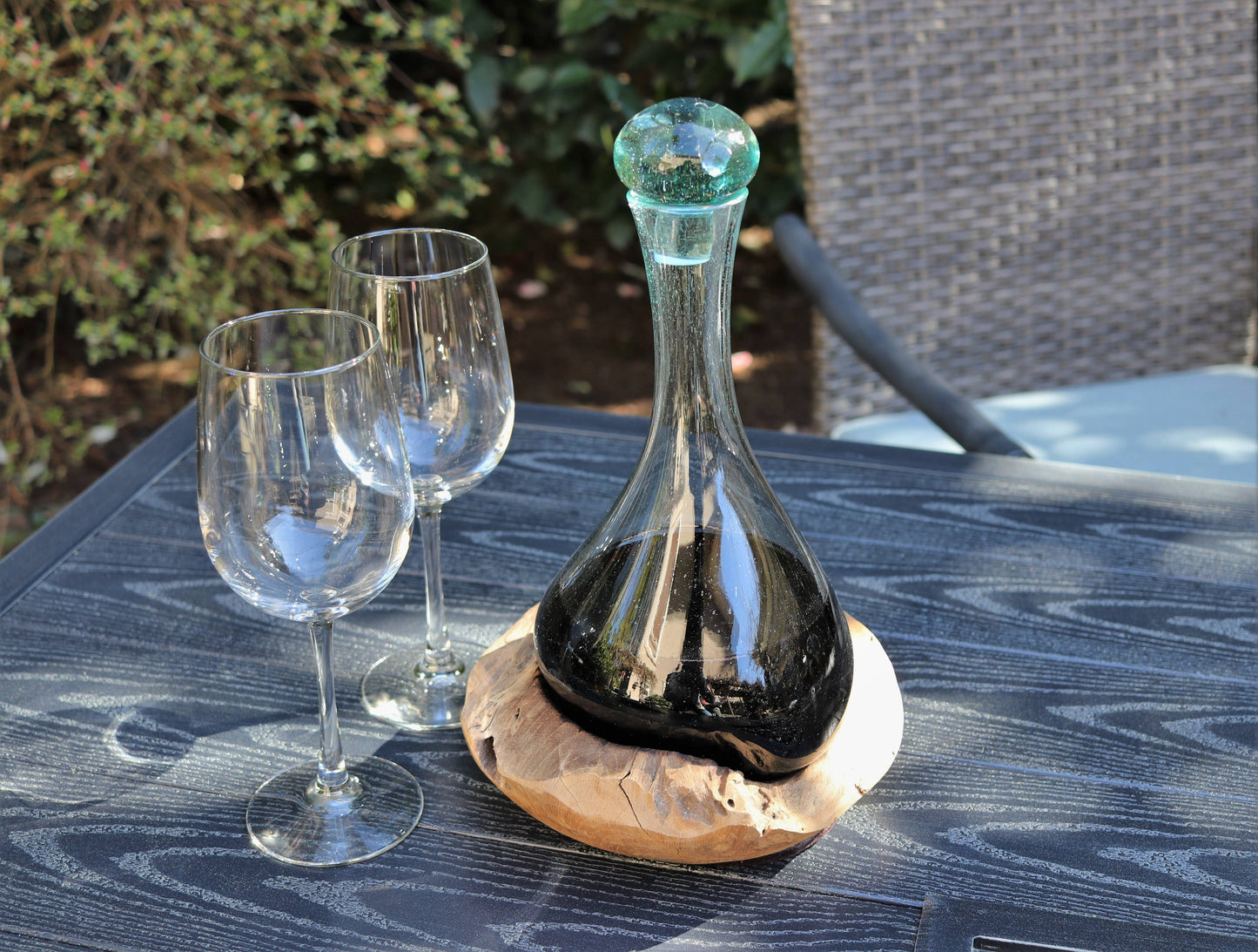 Molten Glass Decanter With Round Teak Base-Approx 12" Tall