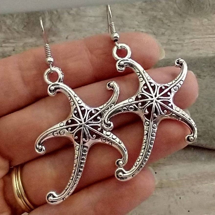 Silver Starfish Earrings, Nautical Earrings