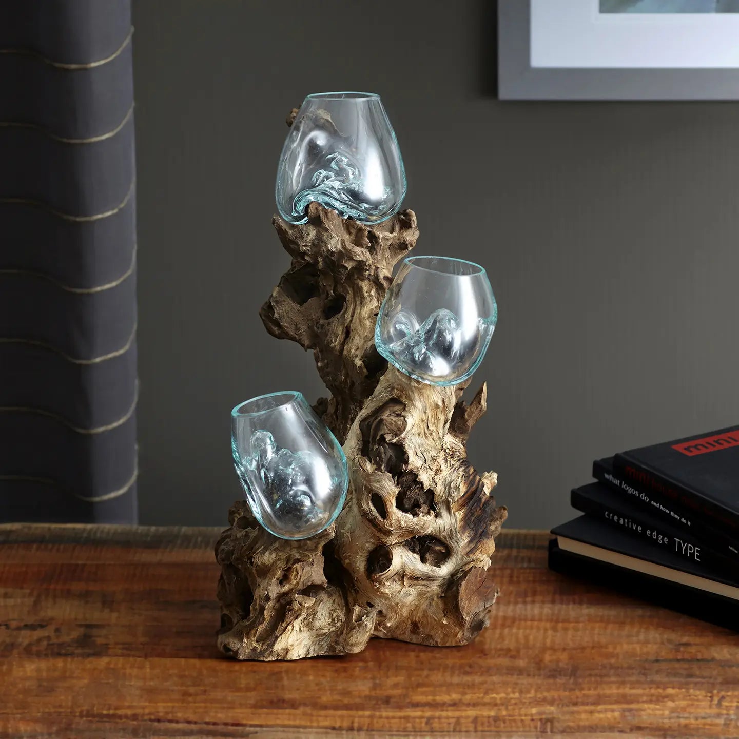 18" Tall Wood with (3) 10cm Molten Glass