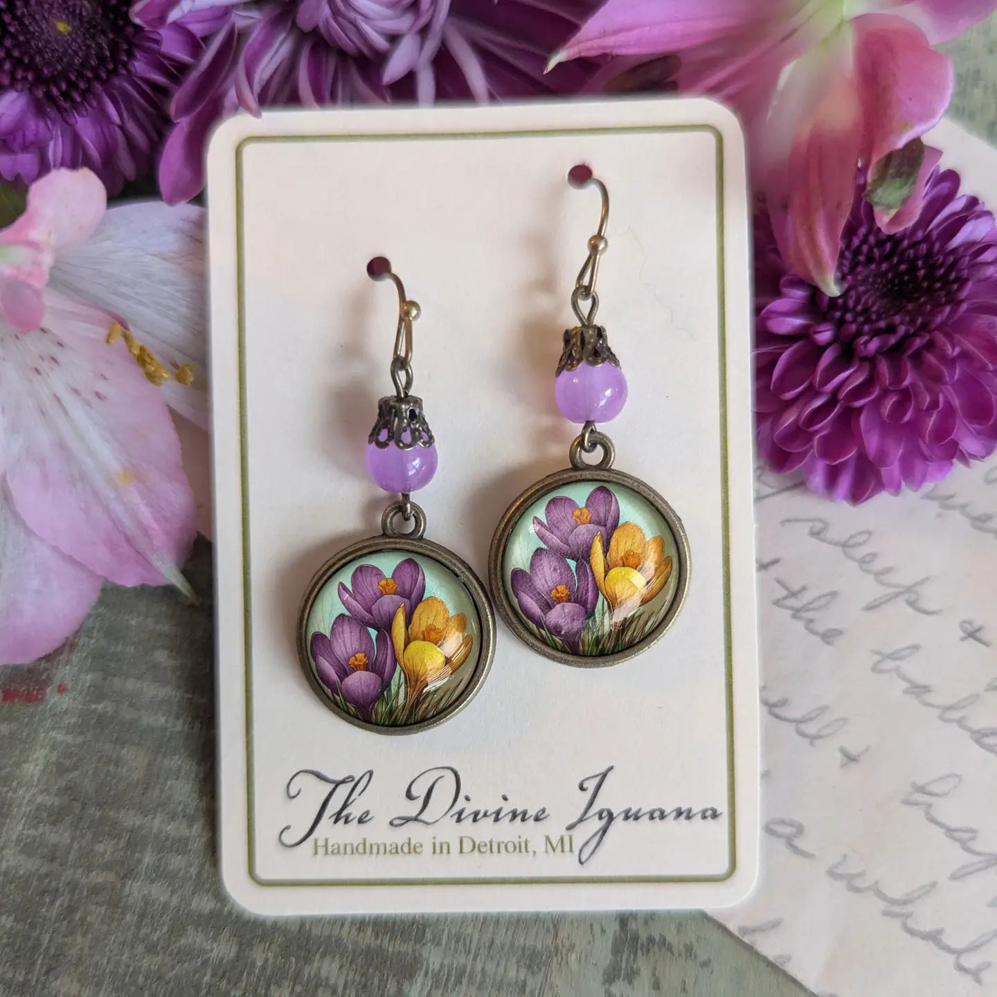 Spring Crocus Flowers Bronze and Glass Earrings