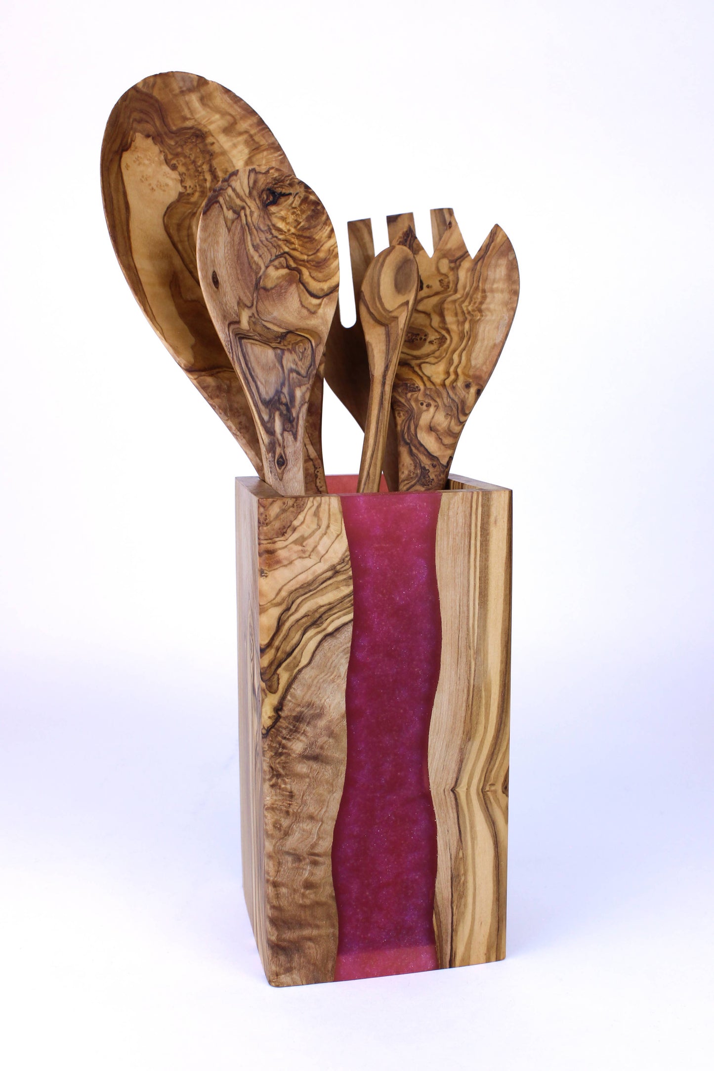 Olive Wood Resin Utensil Holder: Red