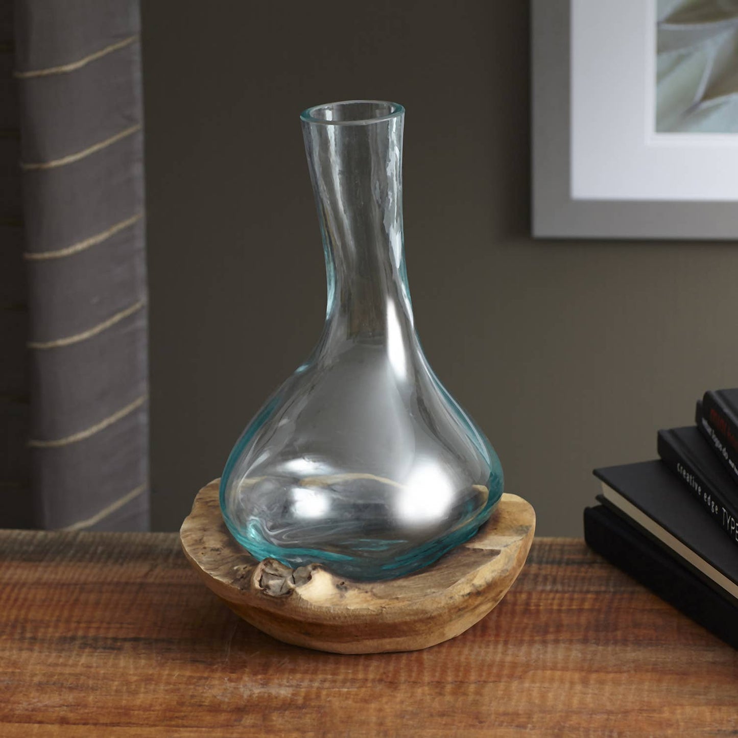 Molten Glass Decanter With Round Teak Base-Approx 12" Tall