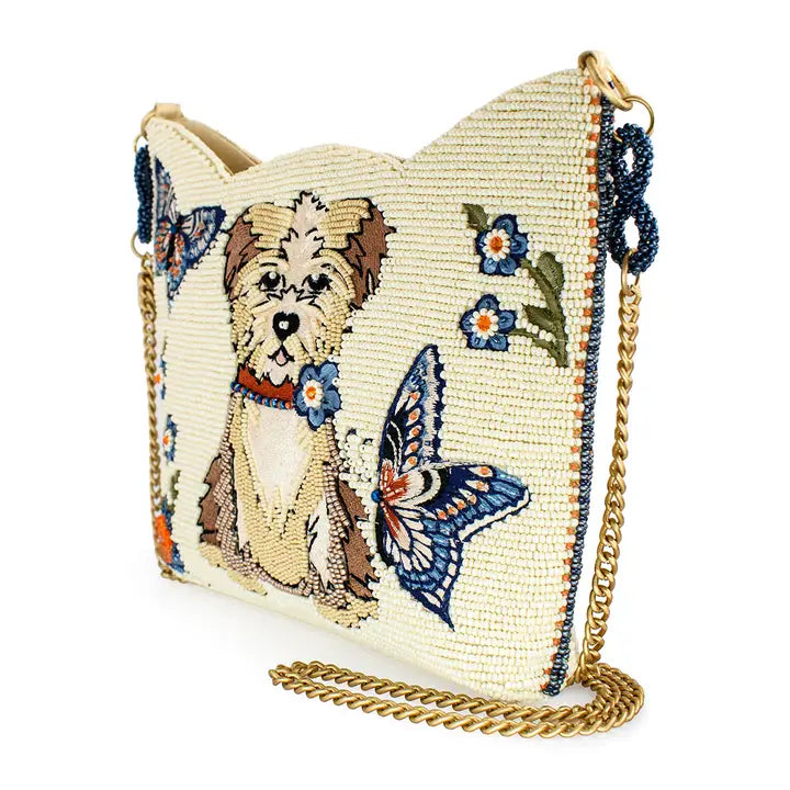Shaggy Blue and White Puppy Dog Beaded Crossbody Handbag