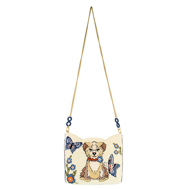 Shaggy Blue and White Puppy Dog Beaded Crossbody Handbag
