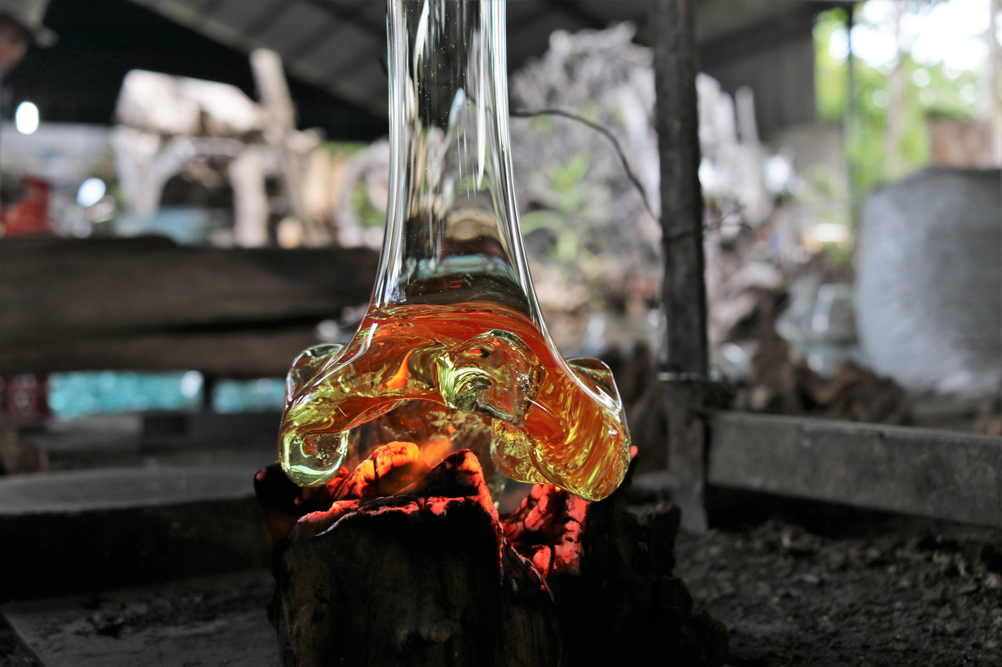 Molten Glass & Wood Vase - Approx 8” Tall