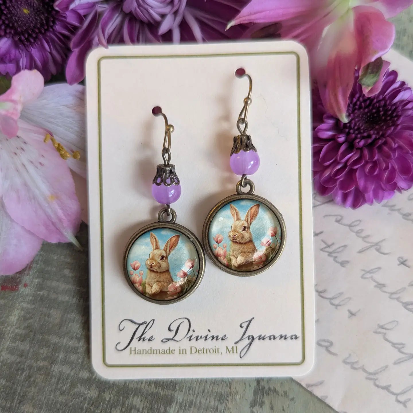 Easter Bunny in Tulips Sweet Pastel Spring Earrings