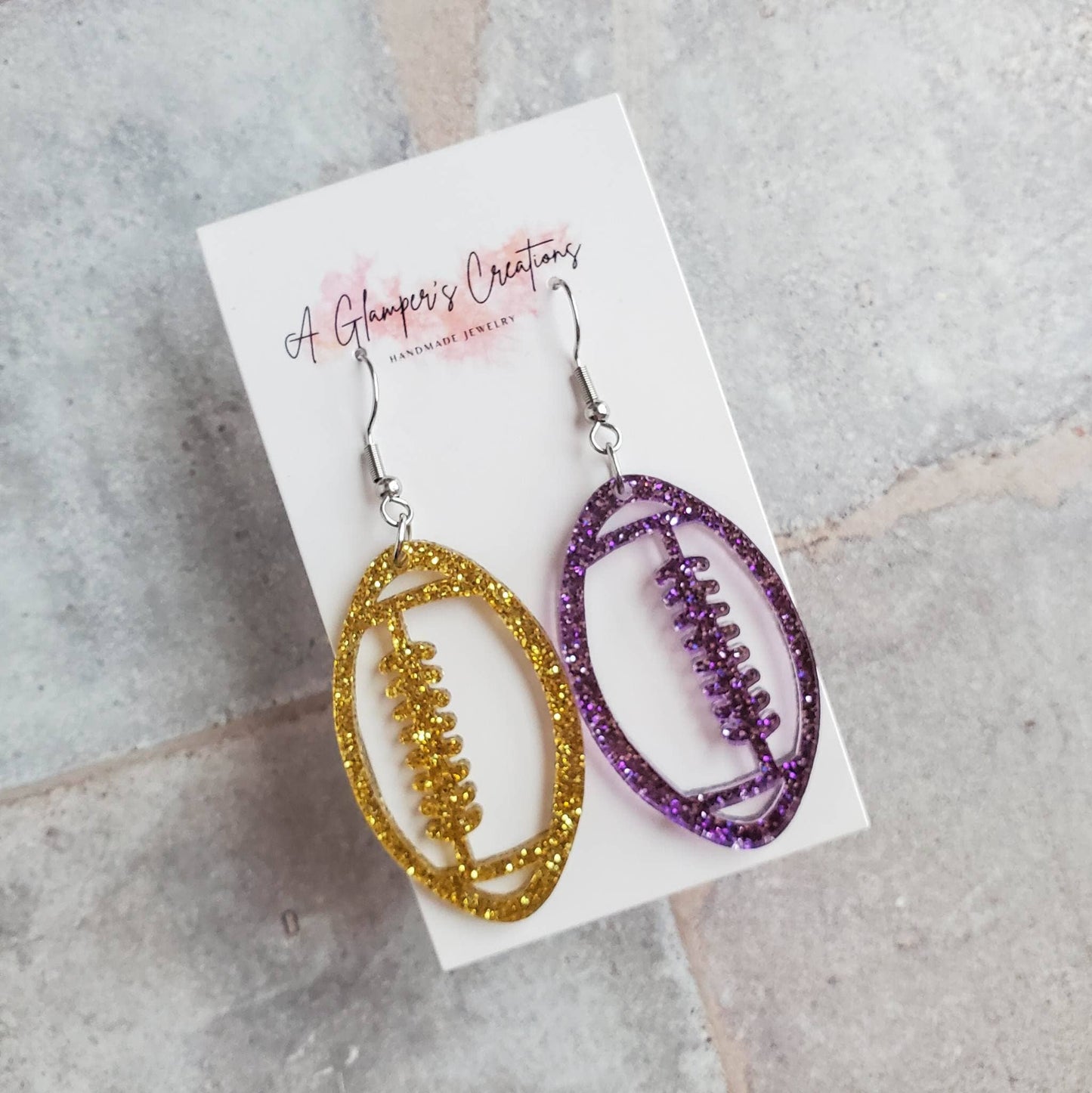 Purple & Gold Glitter Acrylic Football Game Day Earrings