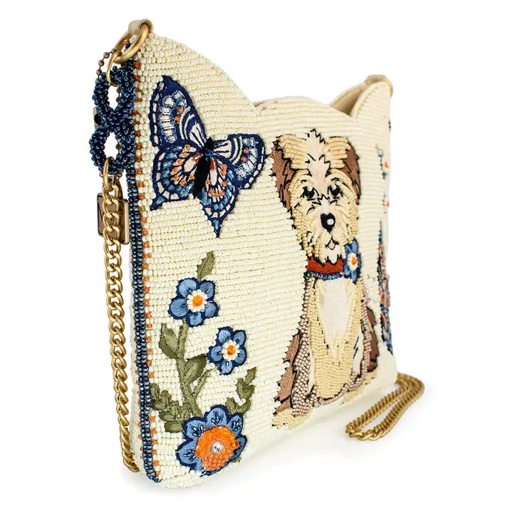 Shaggy Blue and White Puppy Dog Beaded Crossbody Handbag