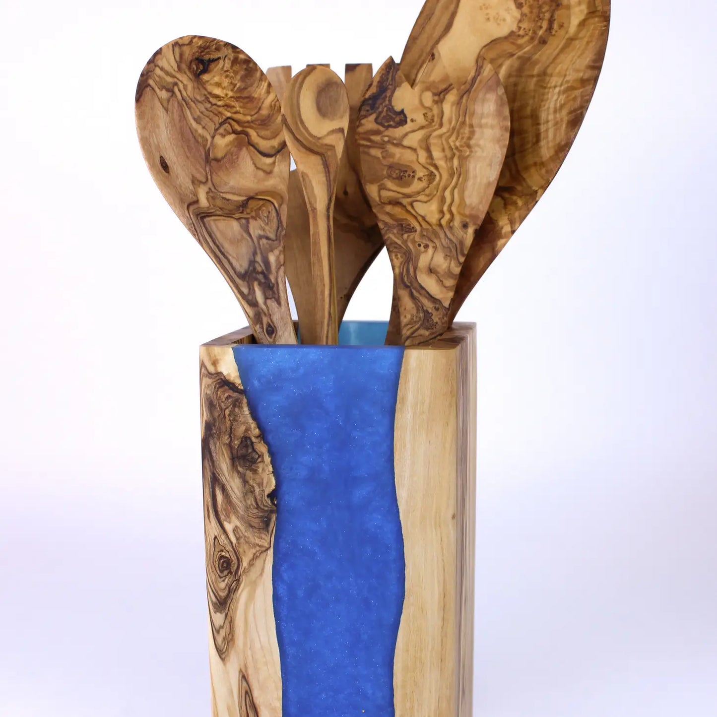 Olive Wood Blue Resin Utensil Holder
