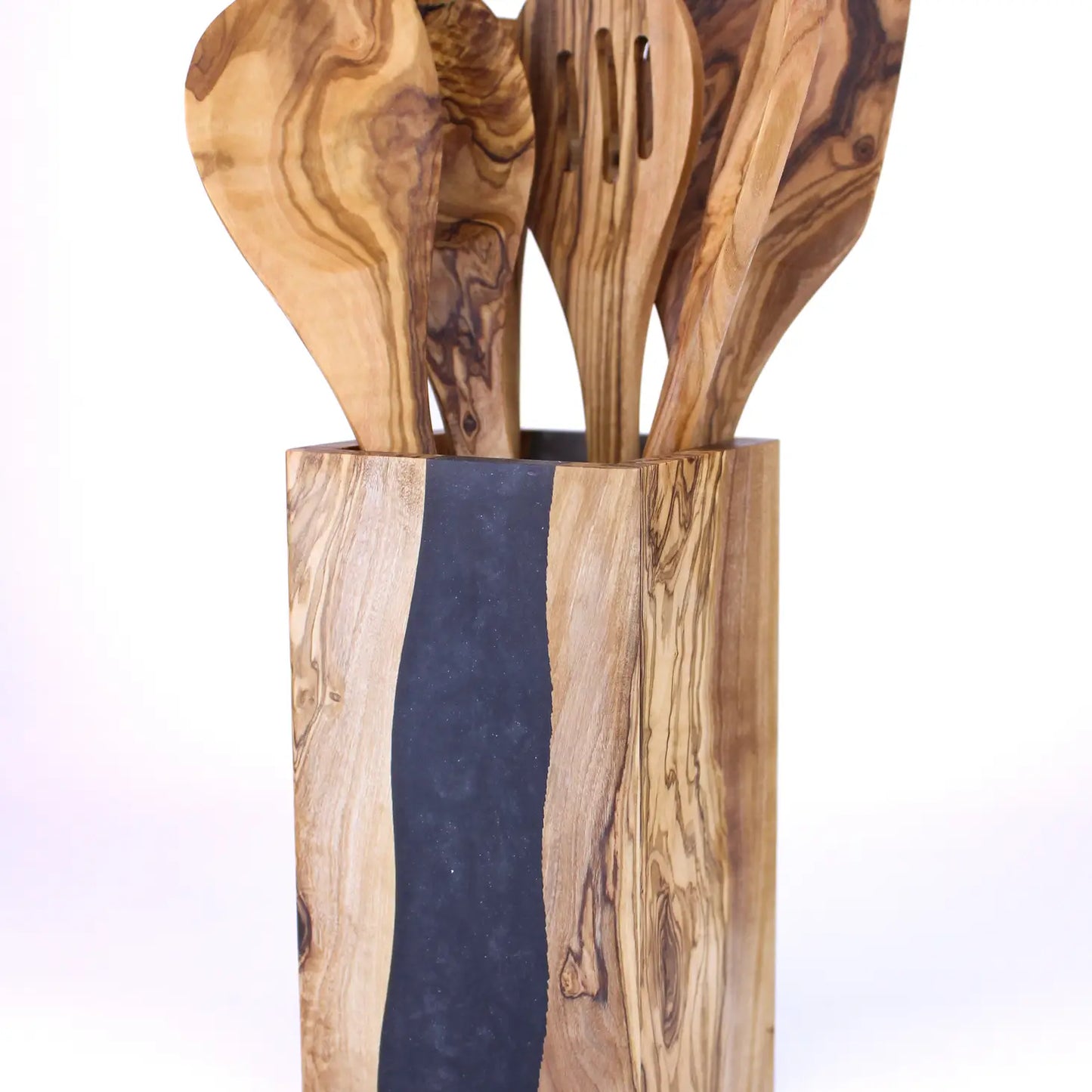 Olive Wood Blue Resin Utensil Holder