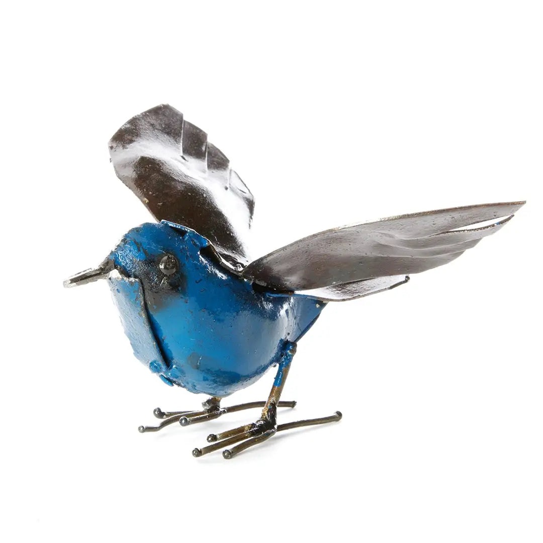 Blue Recycled Metal Fluttering Bird Sculpture