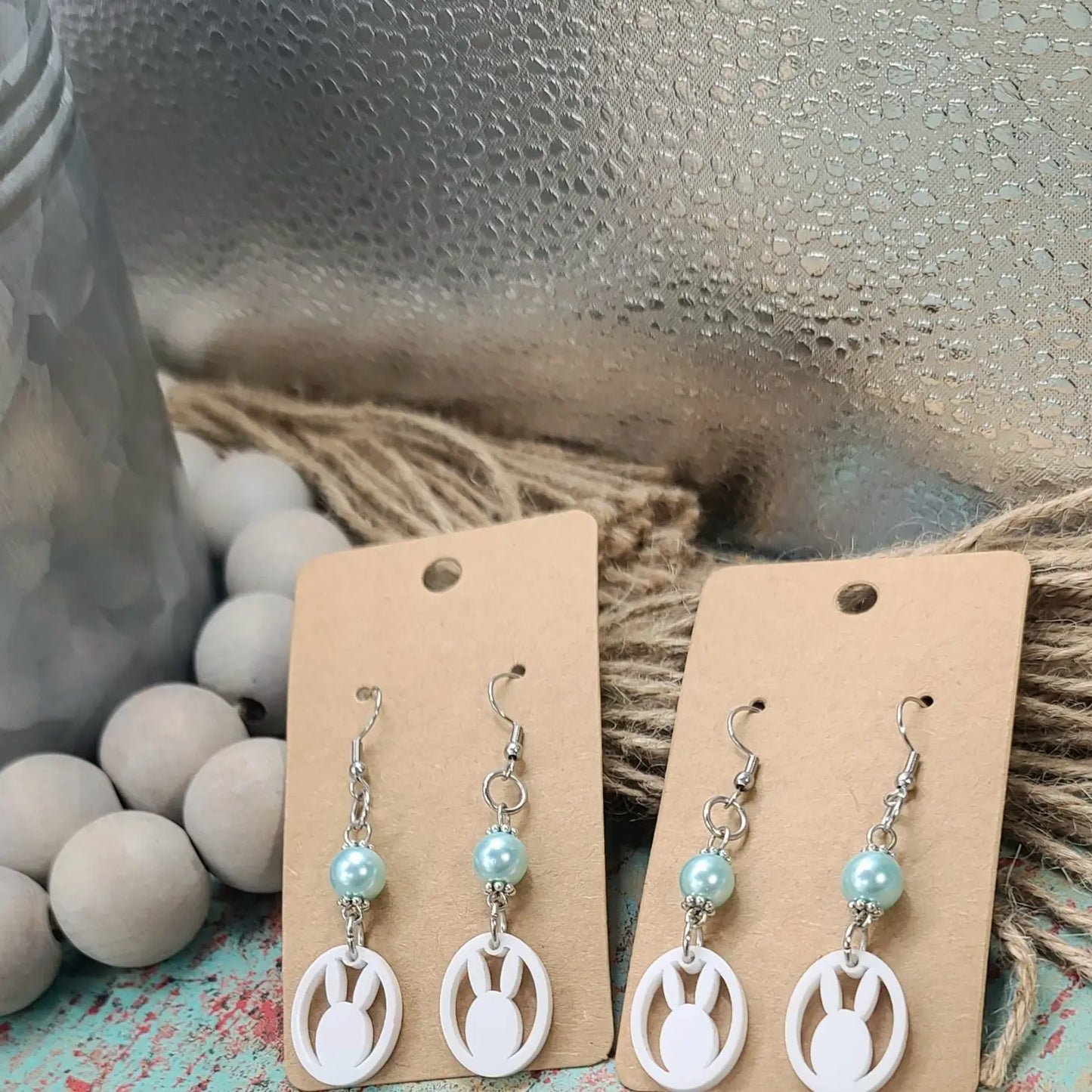 Blue/White Faux Pearl Bunny Earrings