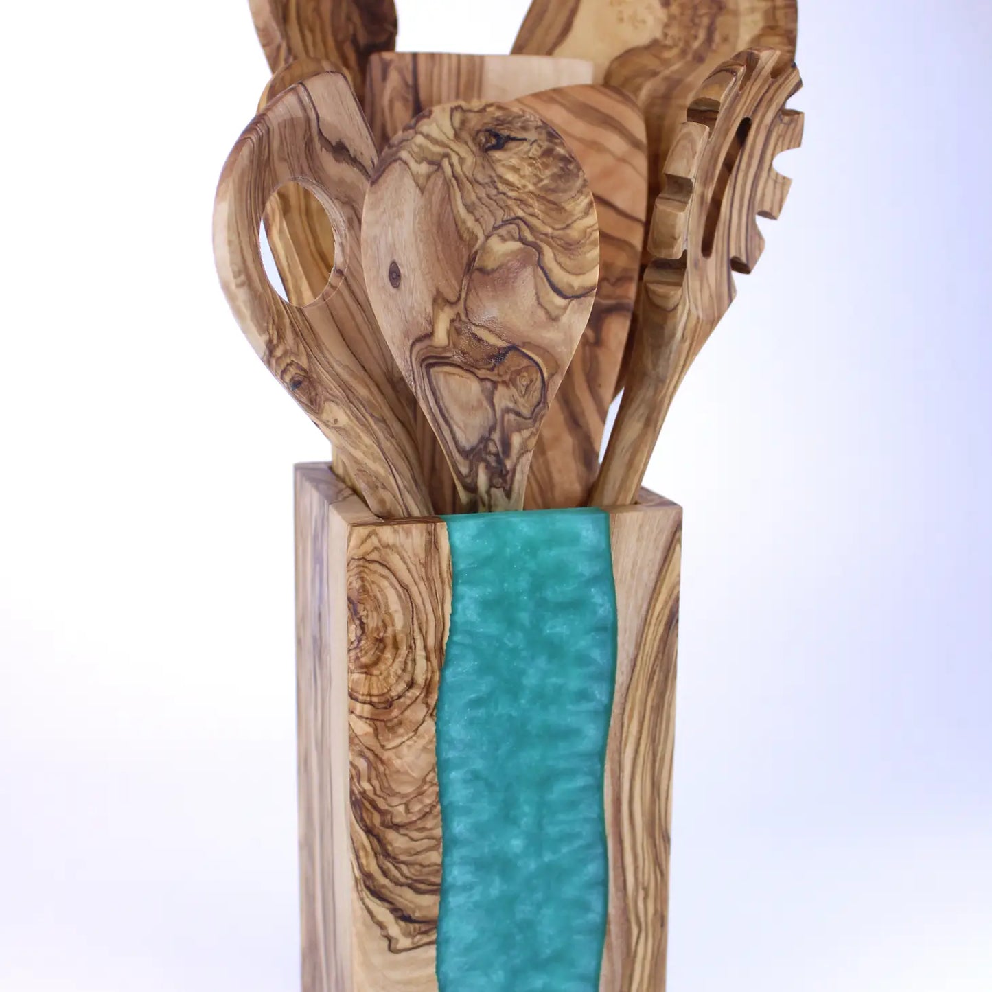 Olive Wood Green Resin Utensil Holder