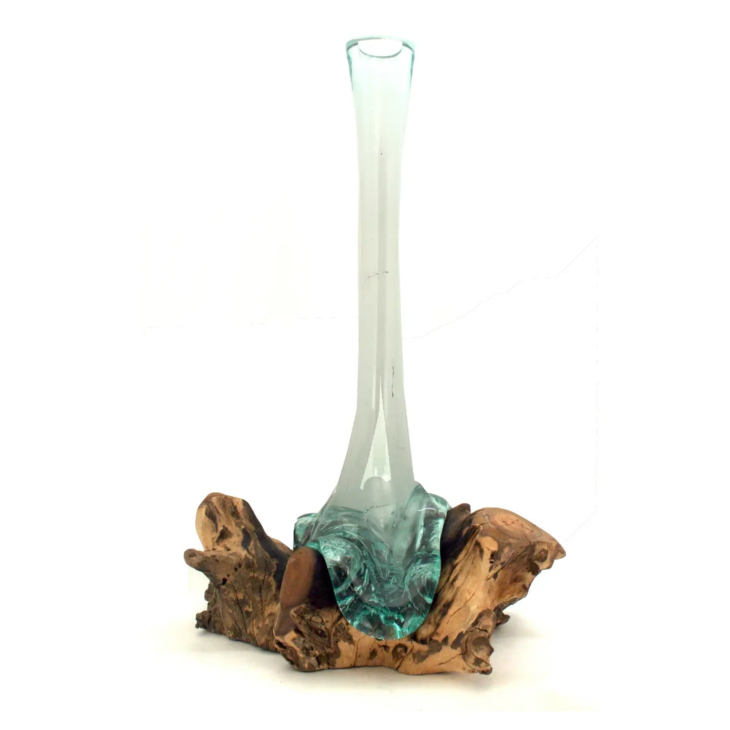 Large Slender Blown Glass Vase on Driftwood