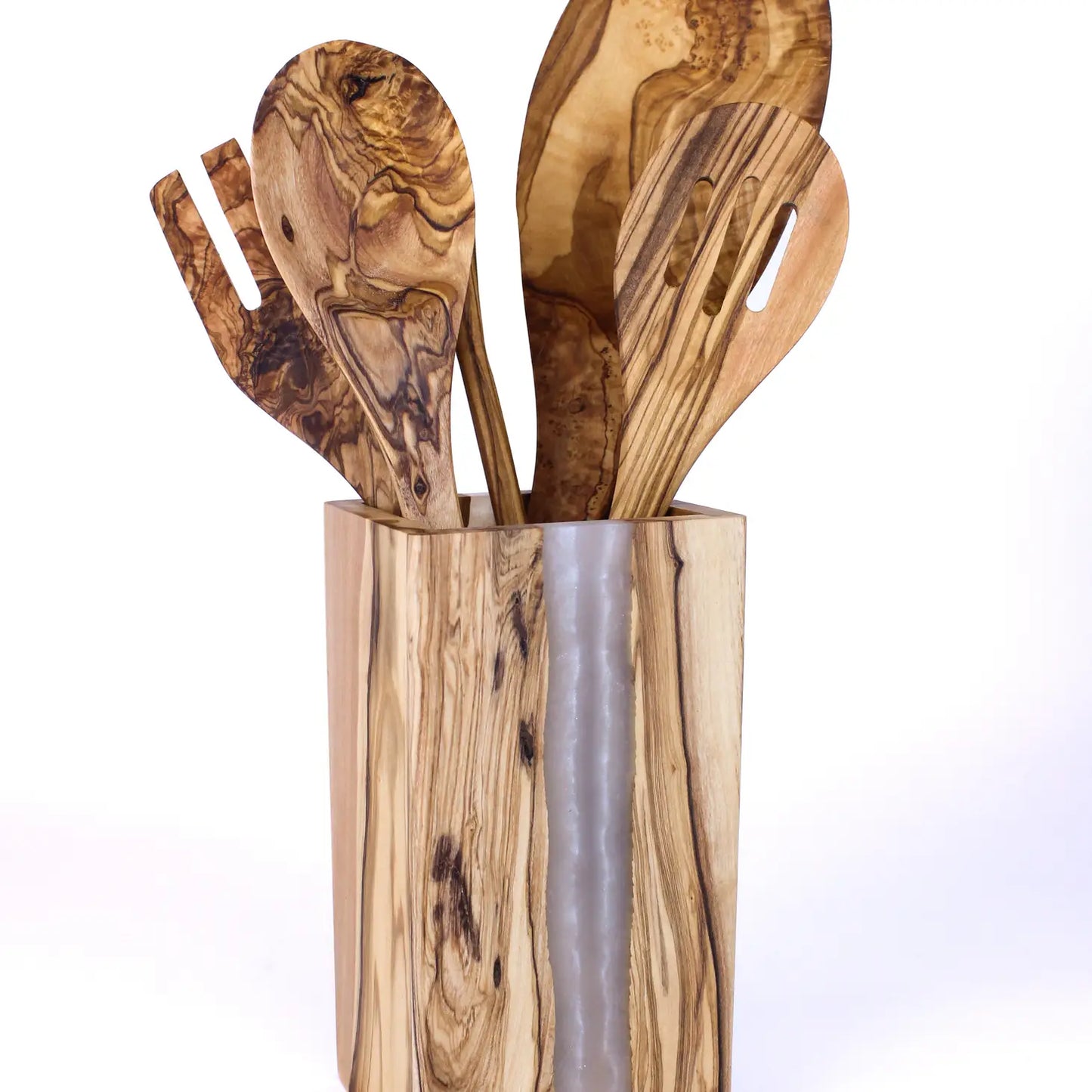 Olive Wood White Resin Utensil Holder