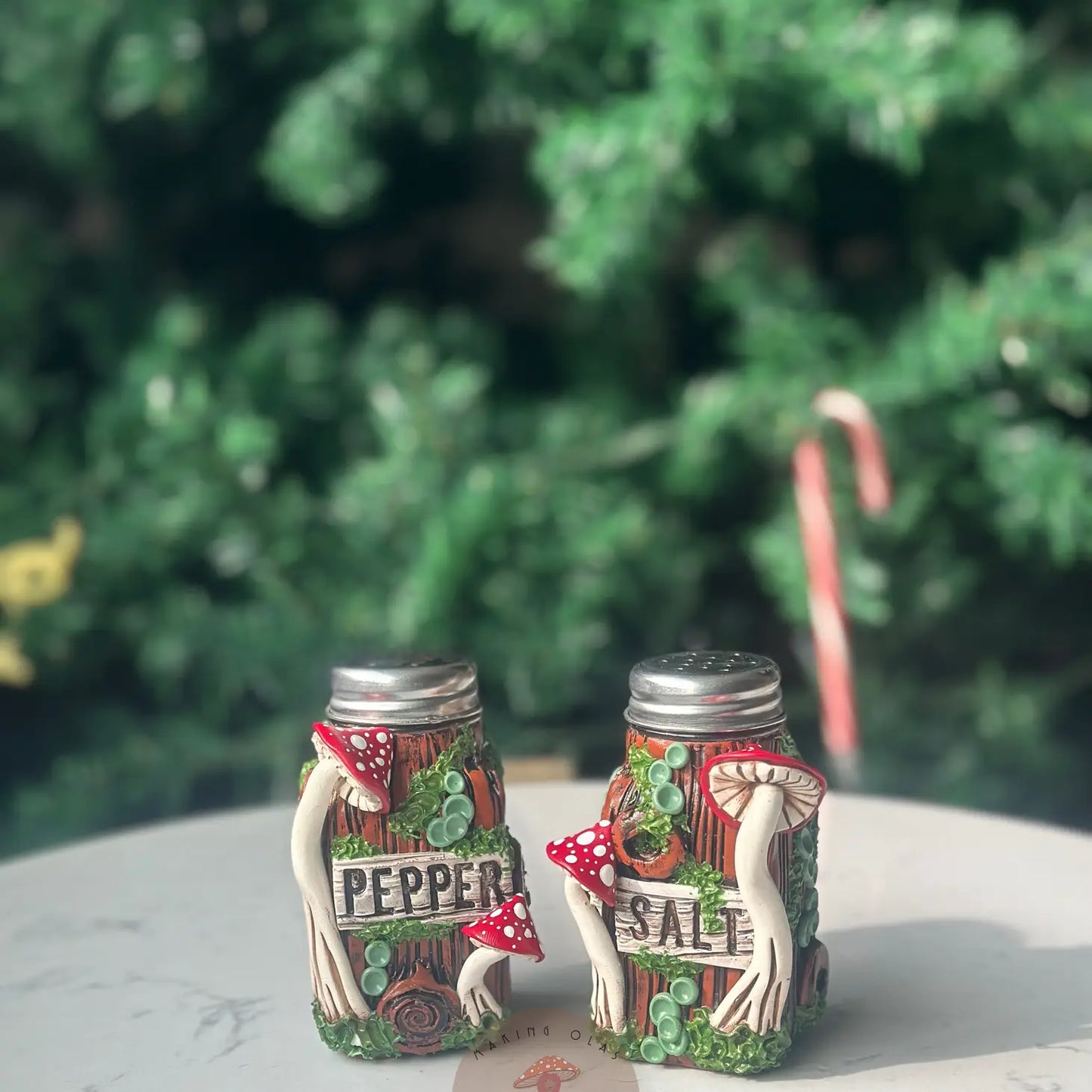 Salt + Pepper Shaker with Red Mushrooms