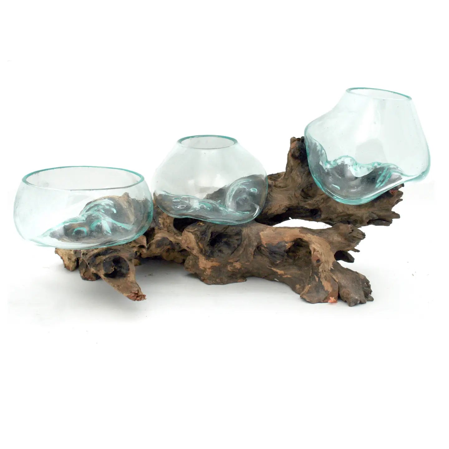 Triple Hand Blown Vases on Driftwood