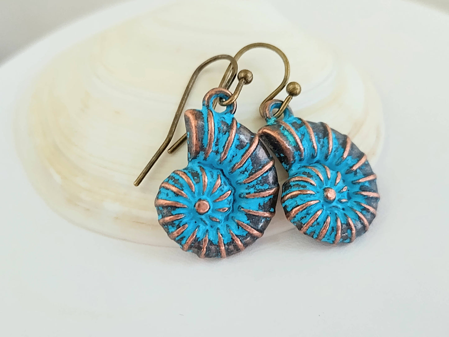 Blue Shell Earrings, Nautilus Earrings, Bronze Shell Earring: Kidney Wire