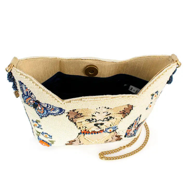 Shaggy Blue and White Puppy Dog Beaded Crossbody Handbag