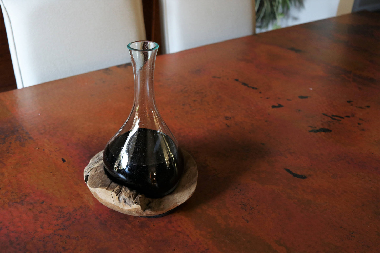 Molten Glass Decanter With Round Teak Base-Approx 12" Tall