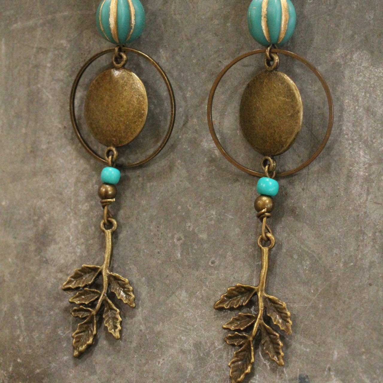 Verdigris Leaf & Czech Pumpkin Fall Earrings