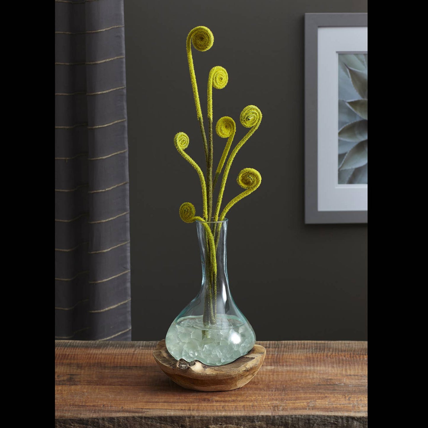Molten Glass Decanter With Round Teak Base-Approx 12" Tall
