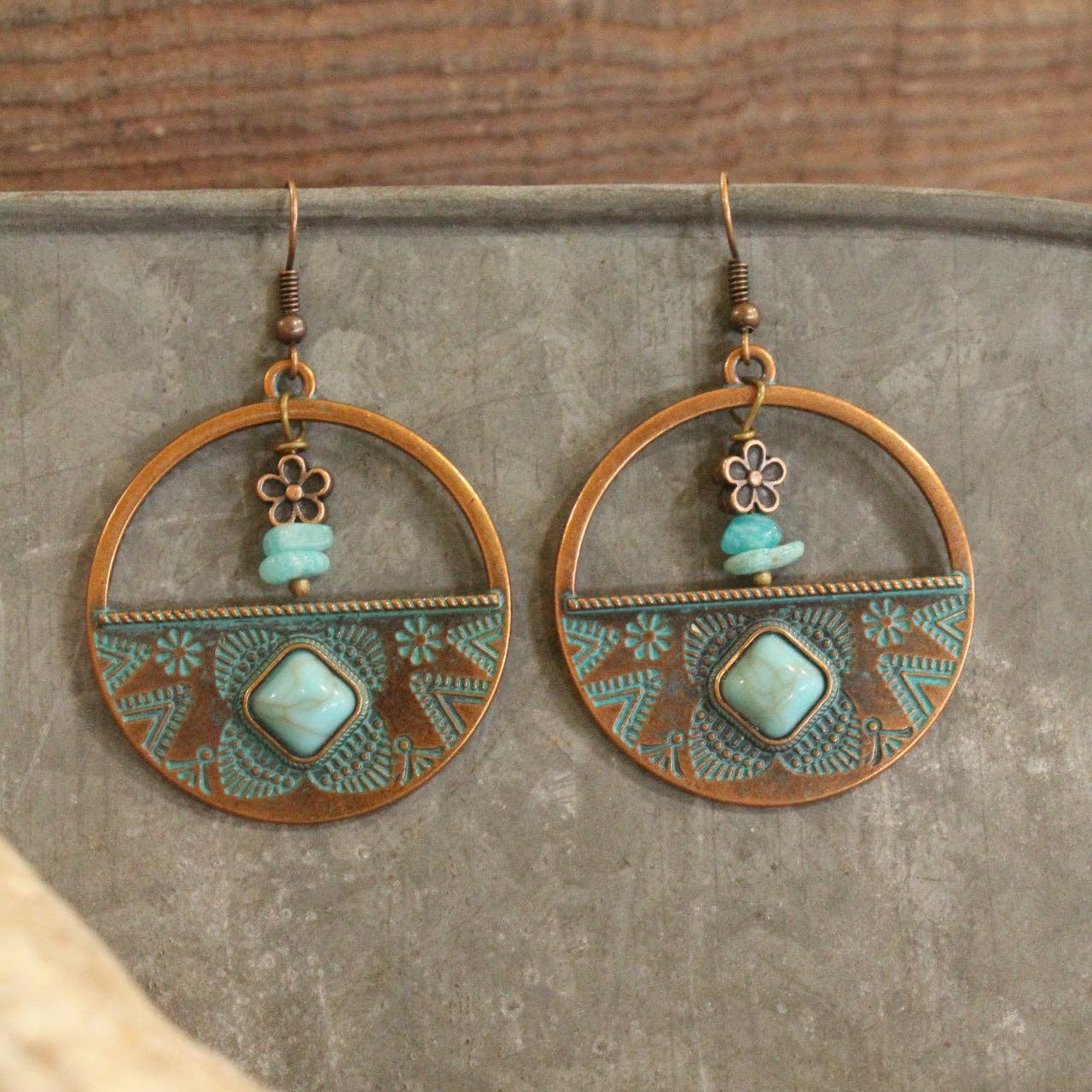 Verdigris Gypsy Turquoise Nugget Copper Hoop Earrings