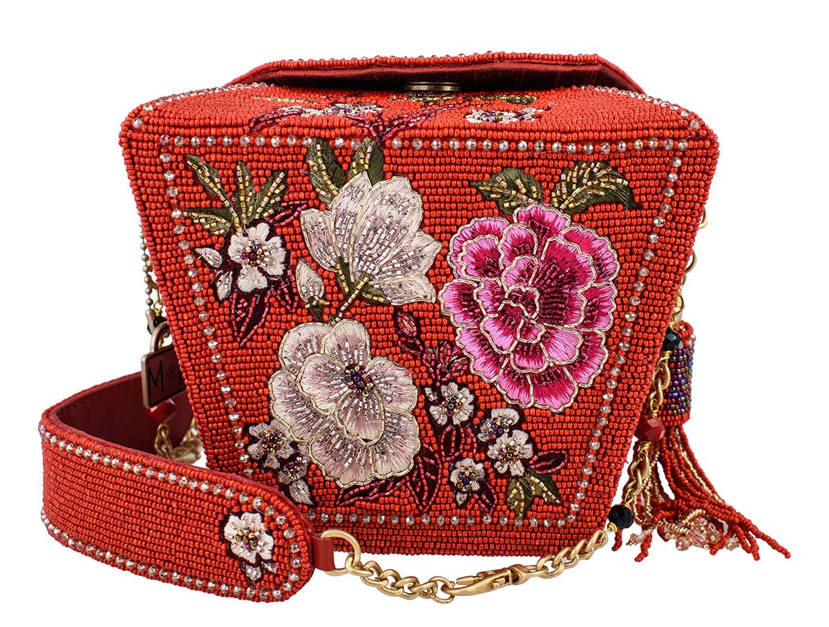 Scarlet Bloom Take-Out Container Beaded Floral Handbag