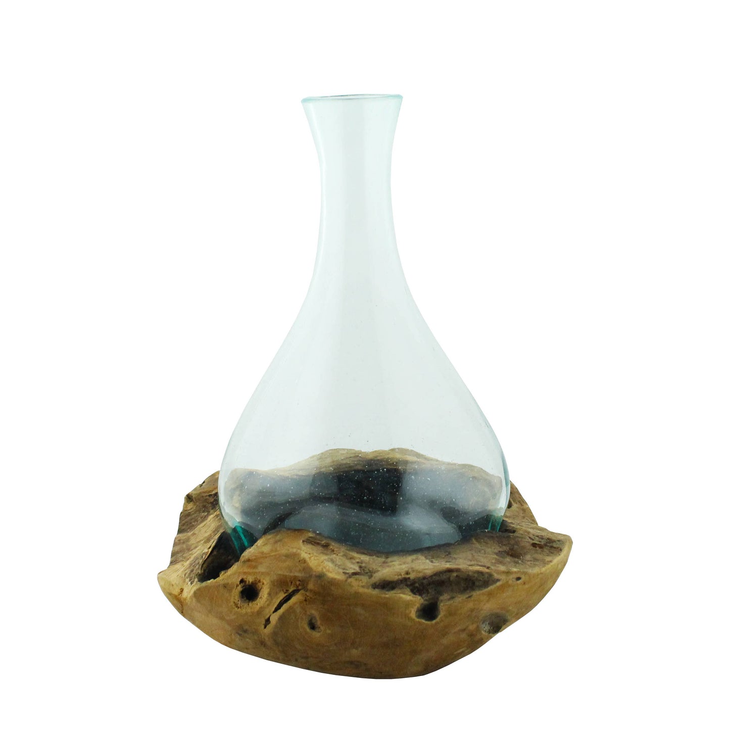 Molten Glass Decanter With Round Teak Base-Approx 12" Tall