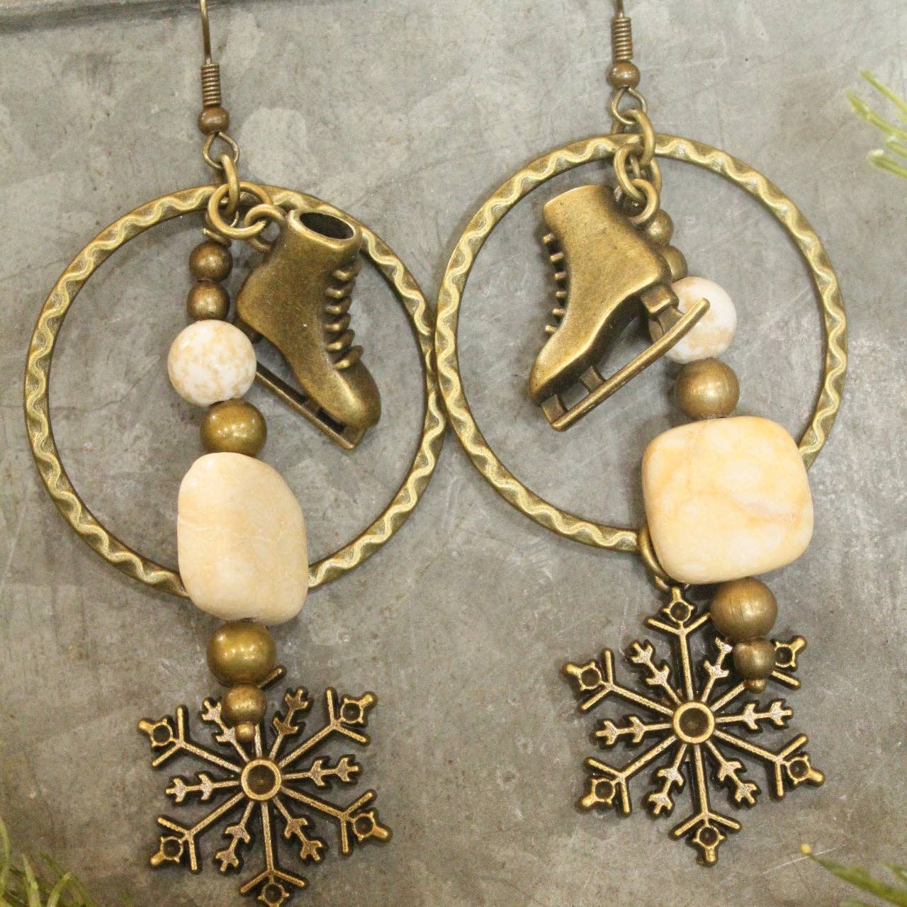 Bronze & Stone Ice Skating Hoop Earrings