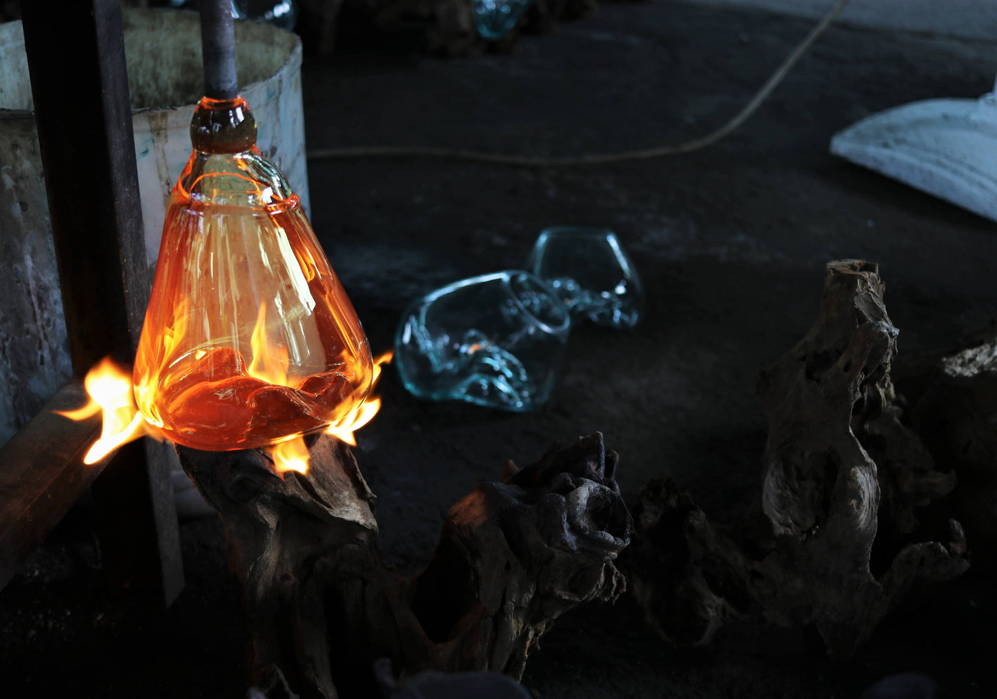 Molten Glass & Wood Vase - Approx 8” Tall