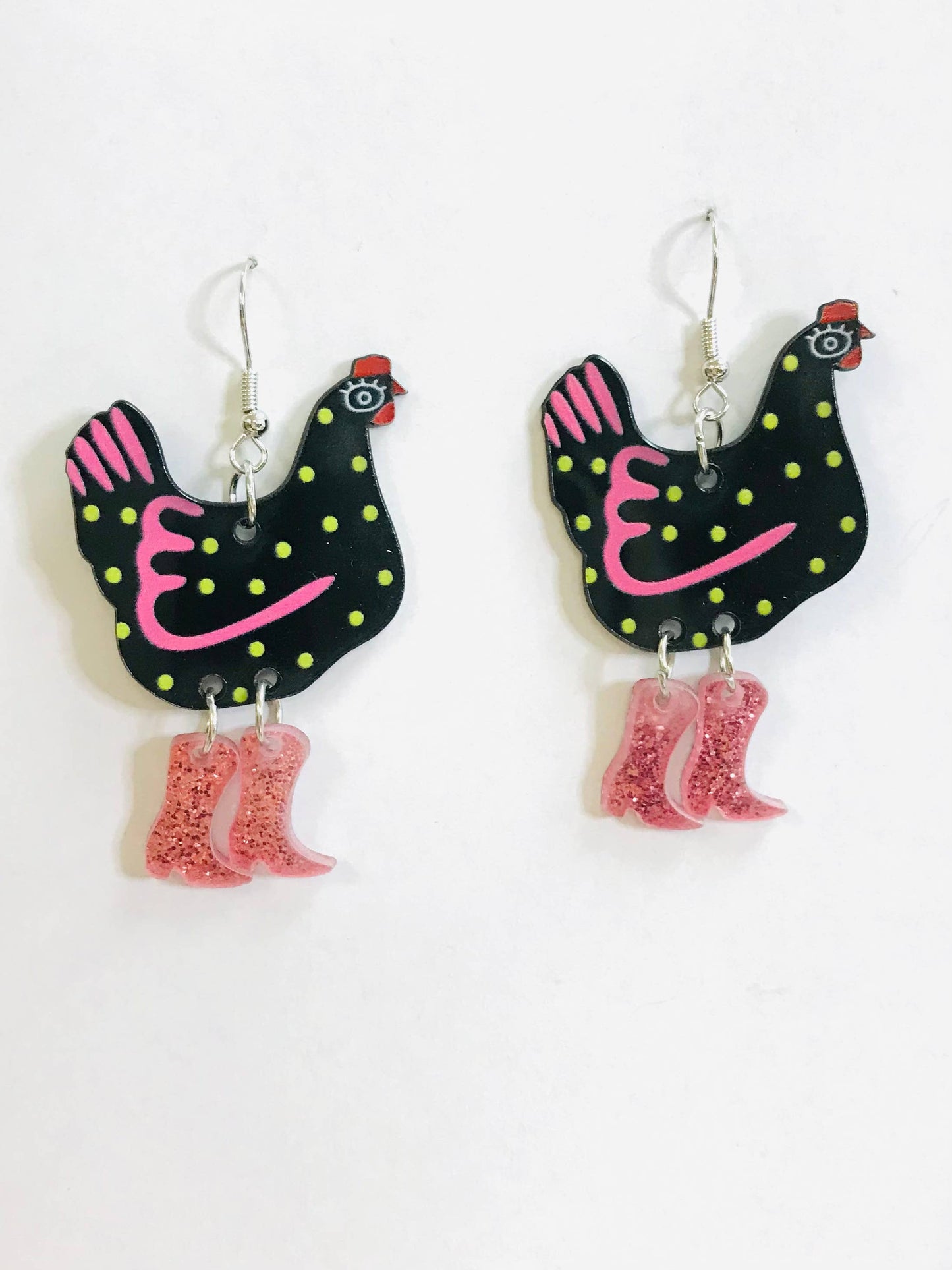 Black Hen With Boots Acrylic Earrings