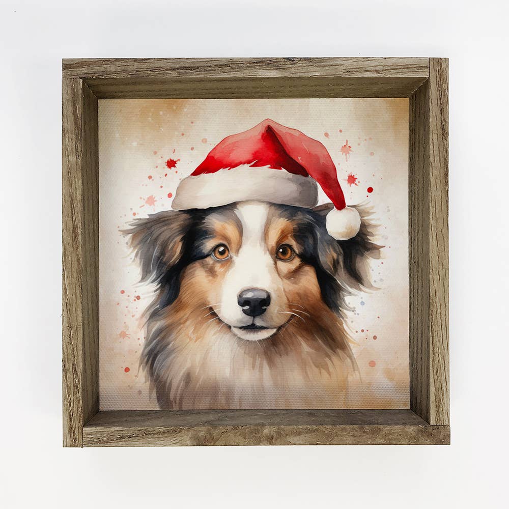 Border Collie Santa Hat - Cute Holiday Animal Canvas Art: 6x6" Mini Canvas Art with Wood Box Frame