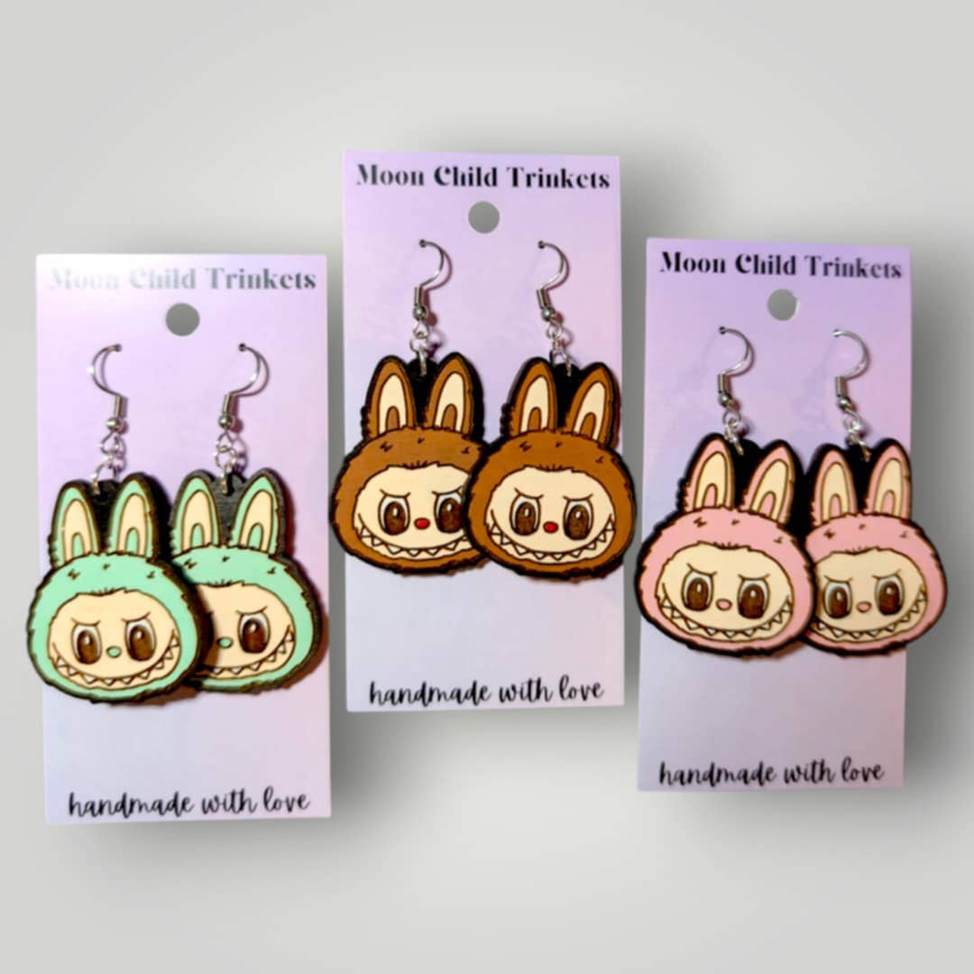 Labubu Monster Head Hand Painted Wood Earrings: Stainless Steel Hooks / Mint Blue