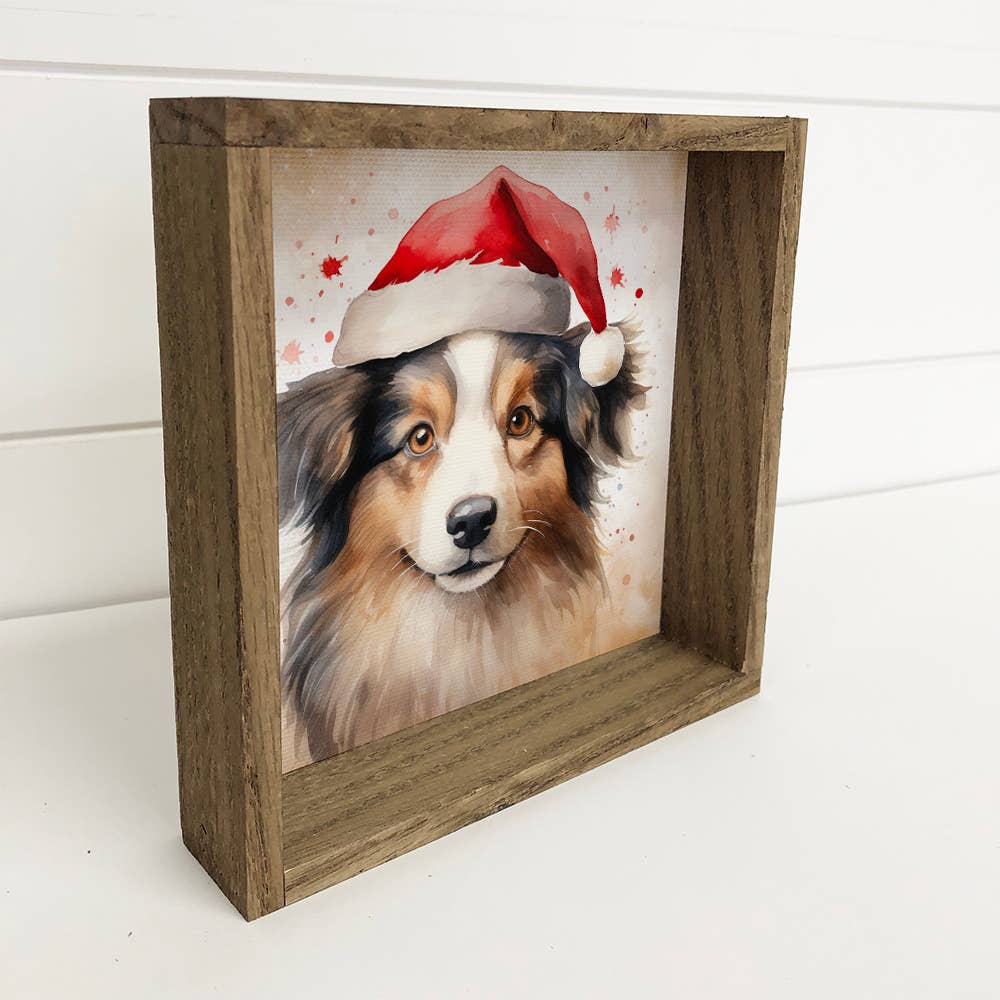 Border Collie Santa Hat - Cute Holiday Animal Canvas Art: 6x6" Mini Canvas Art with Wood Box Frame