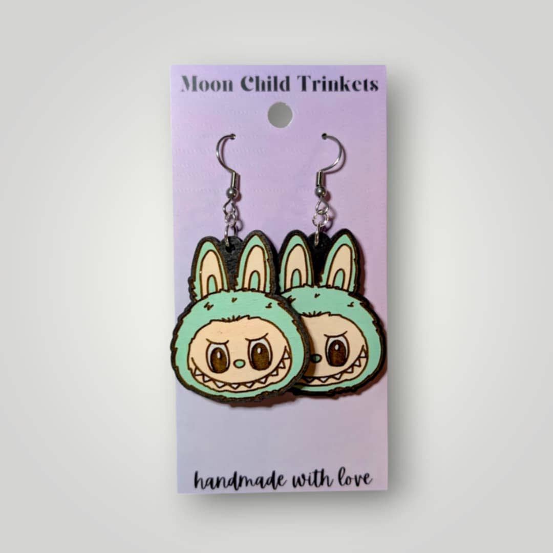 Labubu Monster Head Hand Painted Wood Earrings: Stainless Steel Hooks / Mint Blue