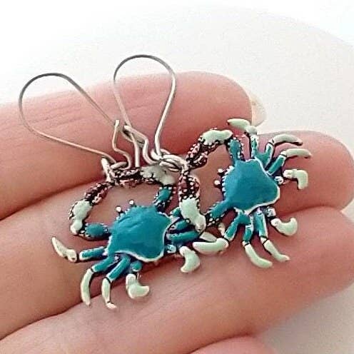Blue Crab Earrings, Coastal Jewelry, Nautical Earrings: A