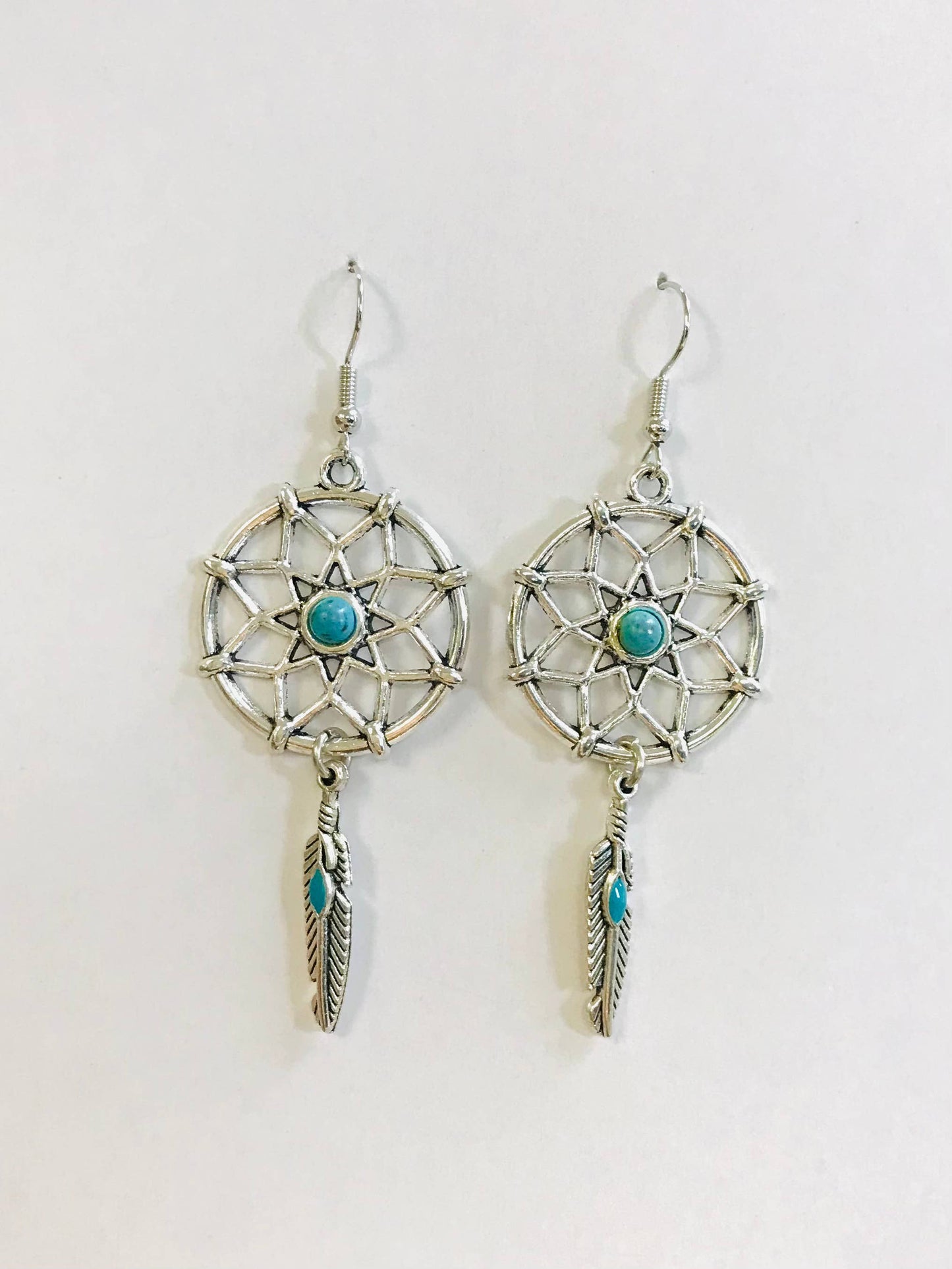 Antique Silver Dream Catcher With Feather Earrings