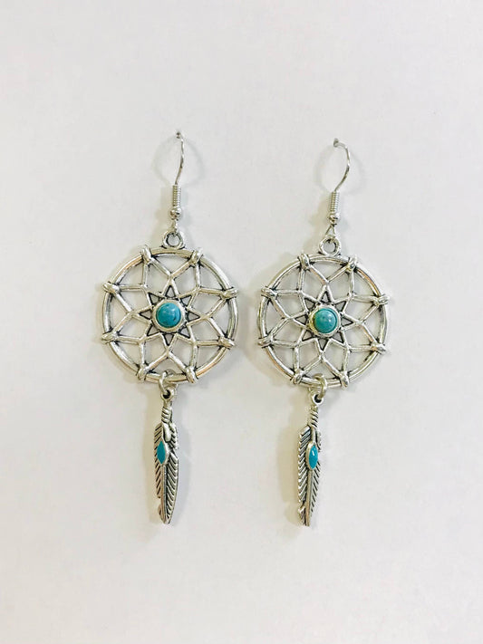 Antique Silver Dream Catcher With Feather Earrings