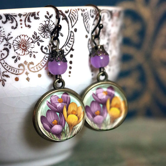 Spring Crocus Flowers Bronze and Glass Earrings