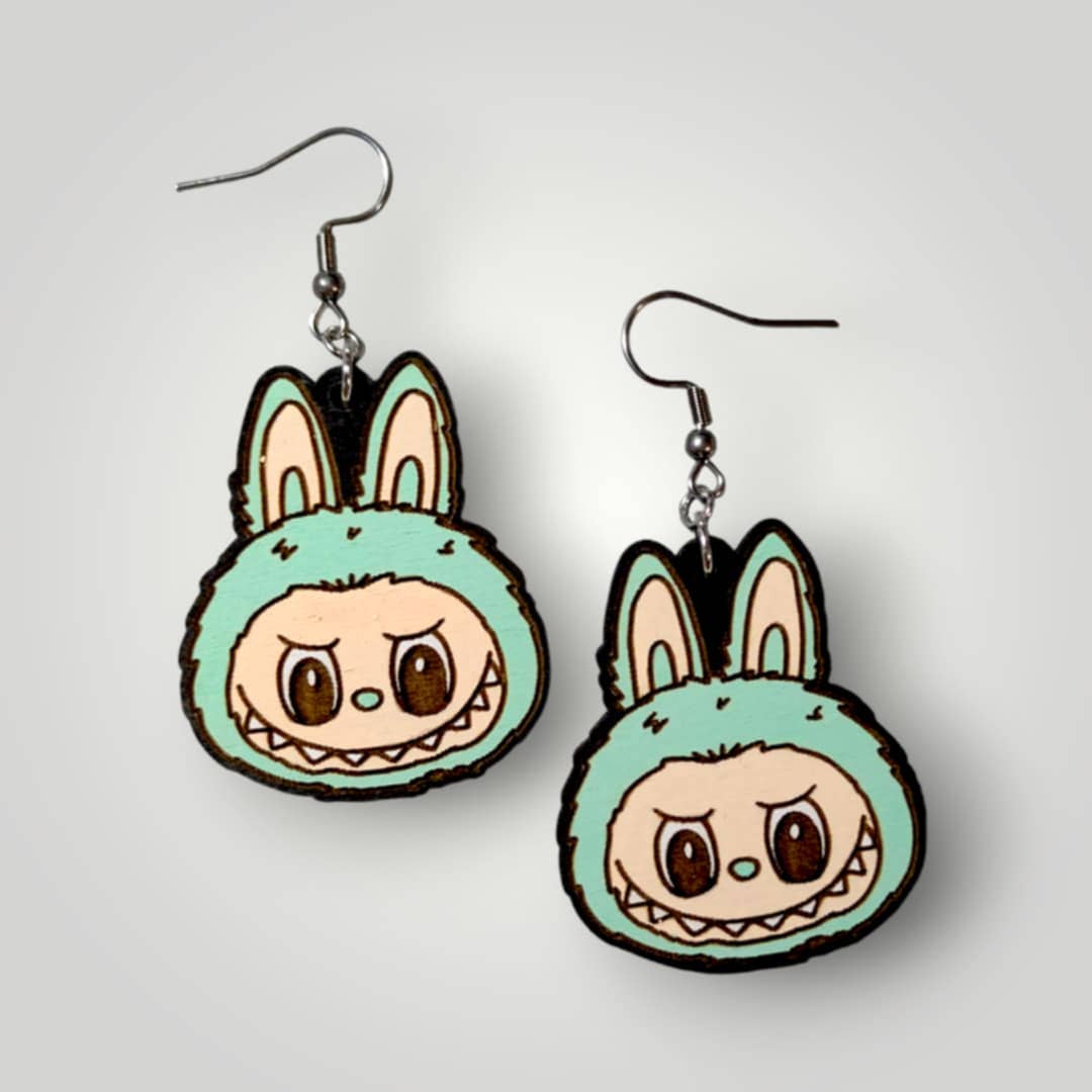 Labubu Monster Head Hand Painted Wood Earrings: Stainless Steel Hooks / Mint Blue