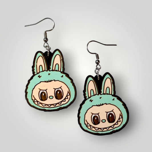 Labubu Monster Head Hand Painted Wood Earrings: Stainless Steel Hooks / Mint Blue
