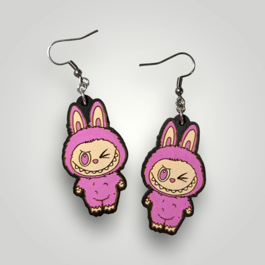 Labubu Monsters Hand Painted Wood Earrings: Stainless Steel Hooks / Purple