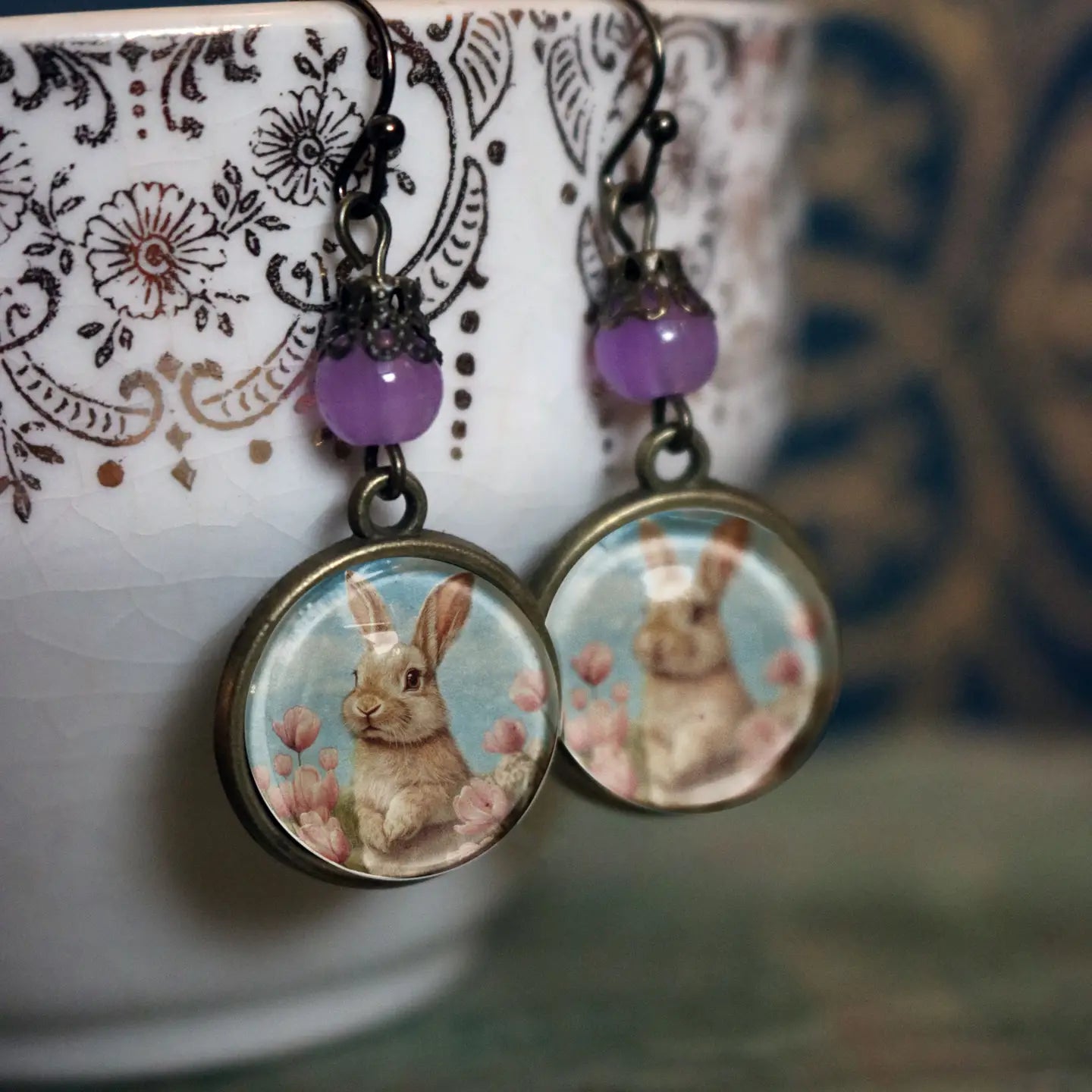 Easter Bunny in Tulips Sweet Pastel Spring Earrings