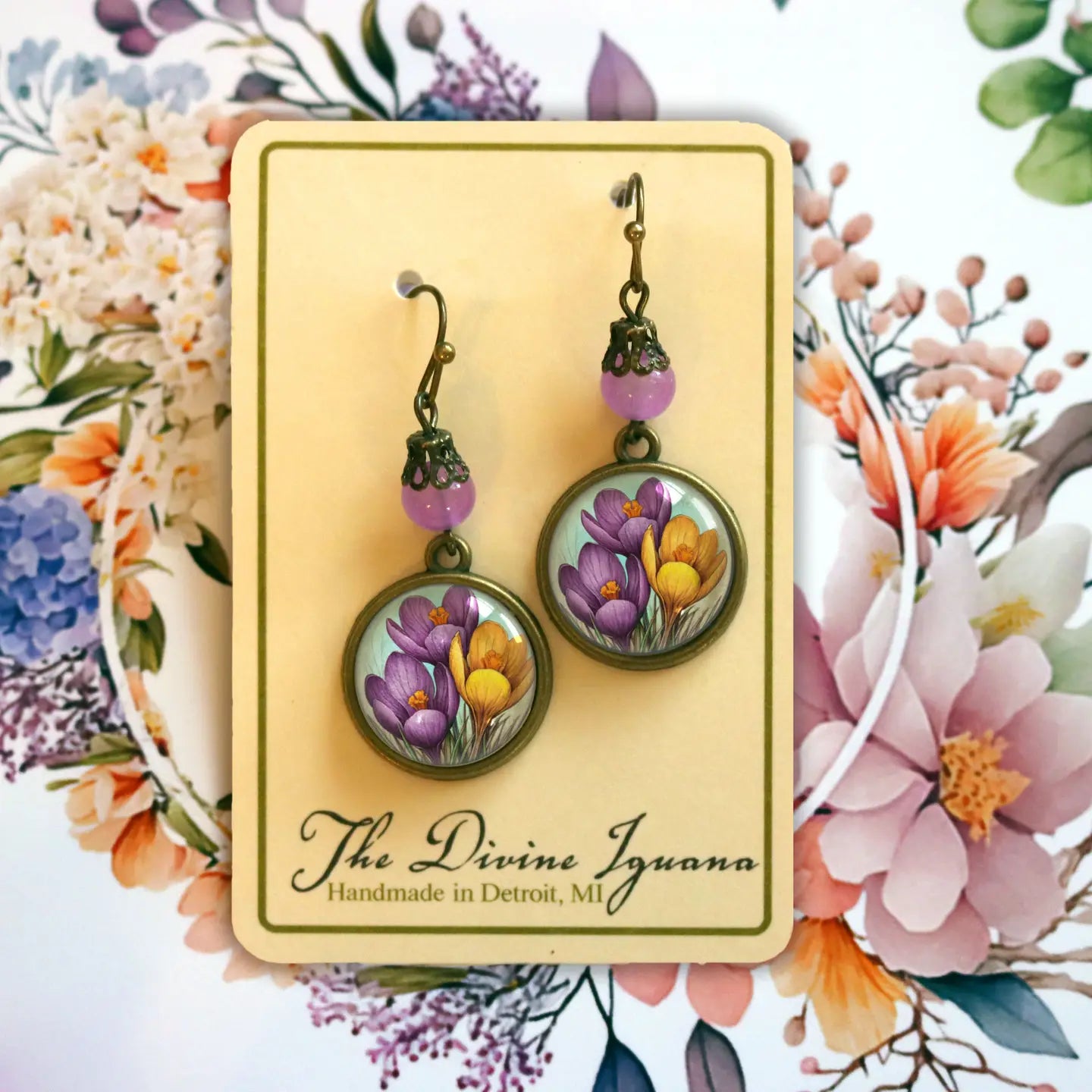 Spring Crocus Flowers Bronze and Glass Earrings