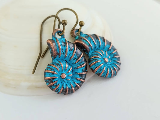 Blue Shell Earrings, Nautilus Earrings, Bronze Shell Earring: Kidney Wire