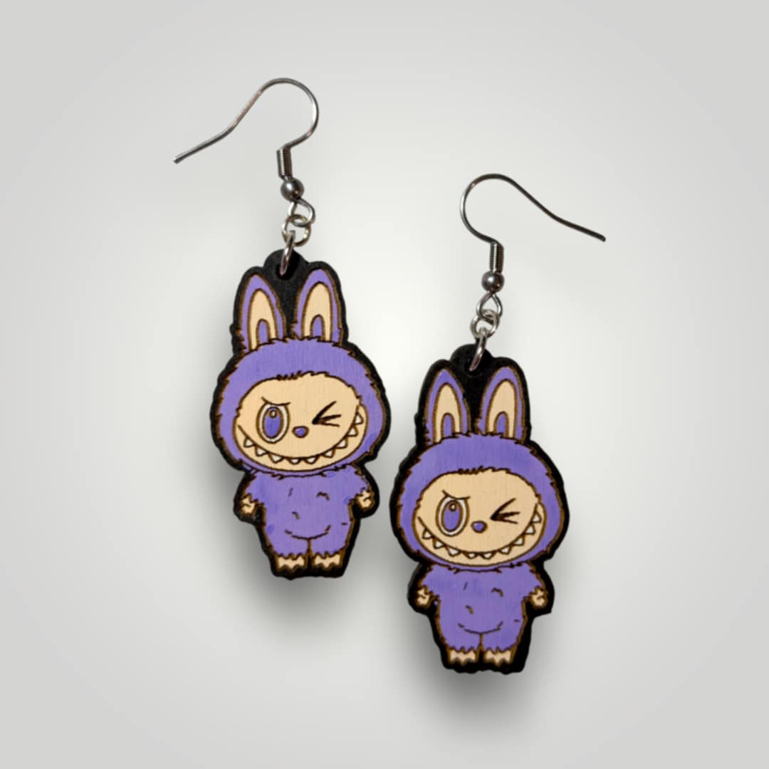 Labubu Monsters Hand Painted Wood Earrings: Stainless Steel Hooks / Purple
