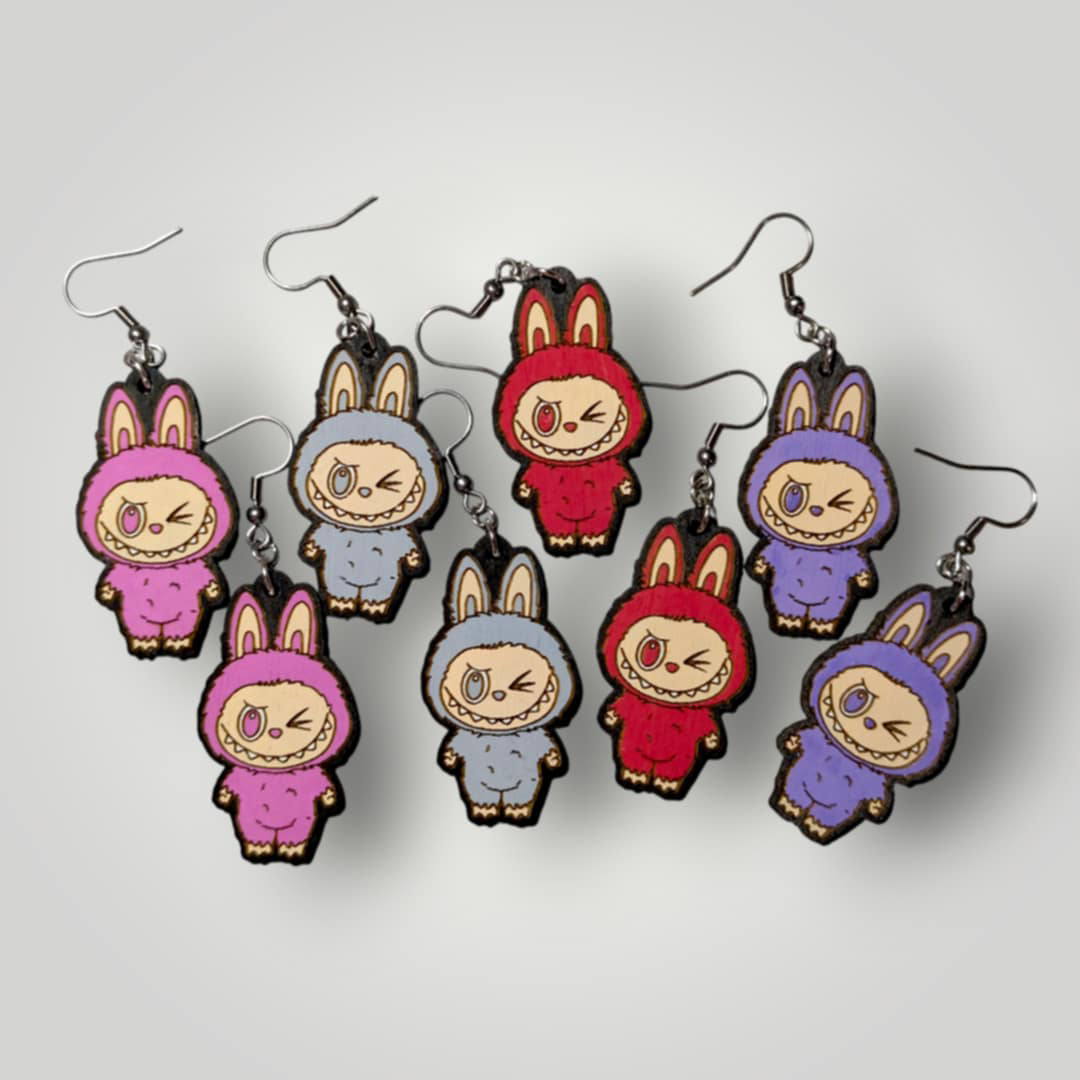 Labubu Monsters Hand Painted Wood Earrings: Stainless Steel Hooks / Purple