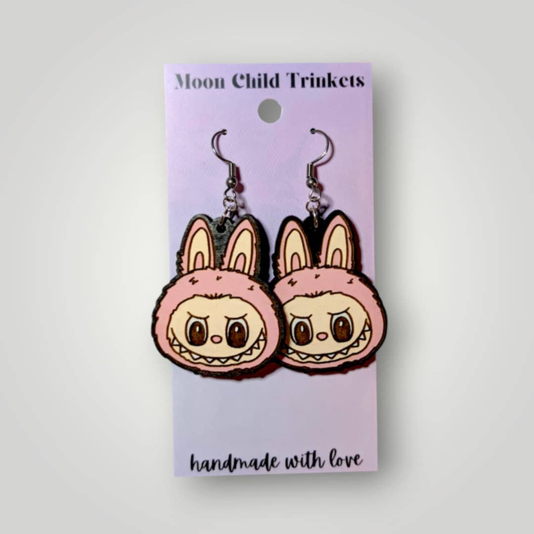 Labubu Monster Head Hand Painted Wood Earrings: Stainless Steel Hooks / Mint Blue